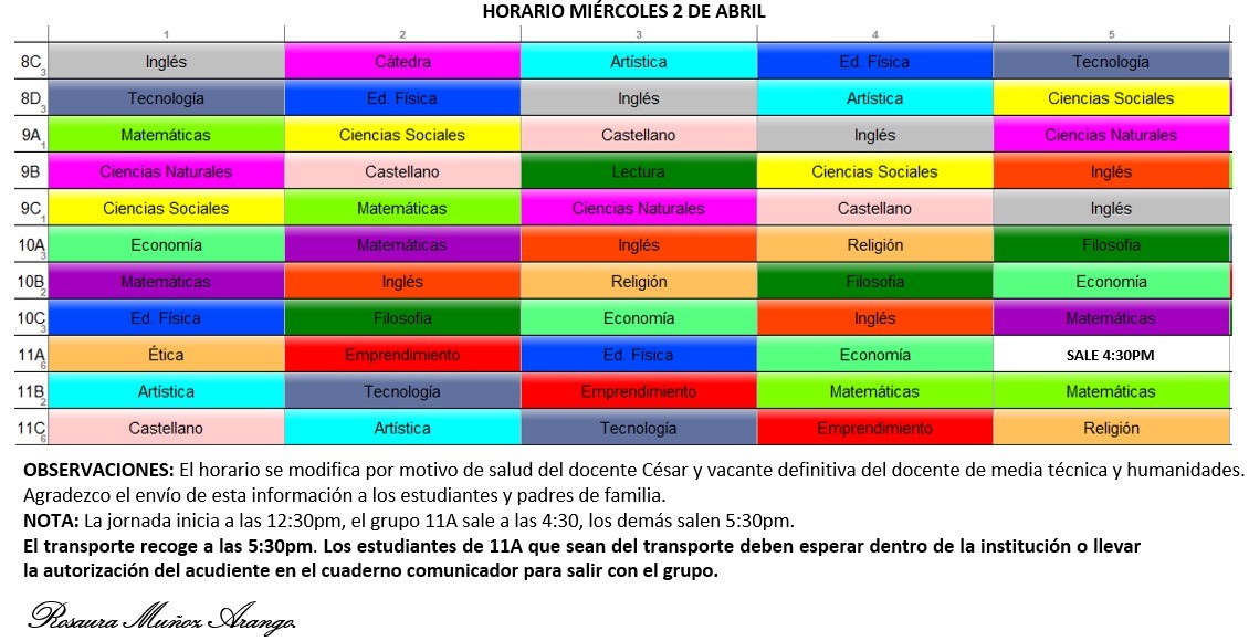 HORARIO JORNADA TARDE 2 DE ABRIL DEL 2025